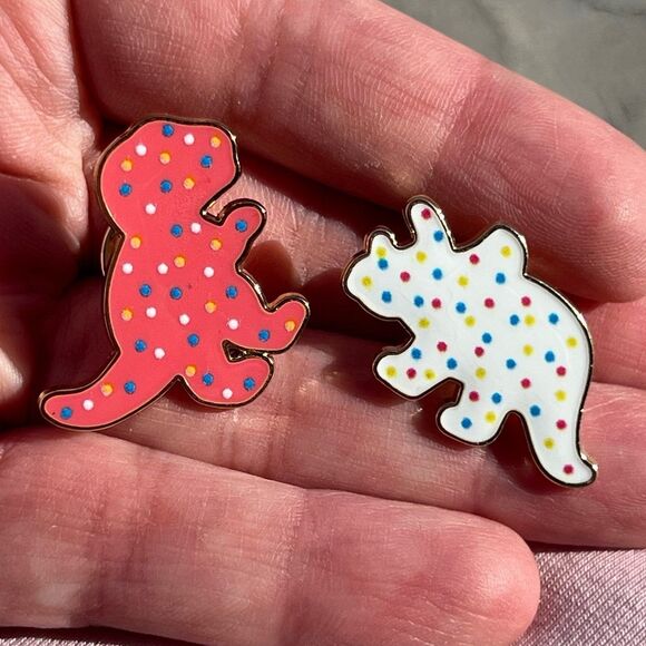 Dinosaur Frosted Animal Cookies Set of 2 Pink and White Enamel Pins - Picture 6 of 9